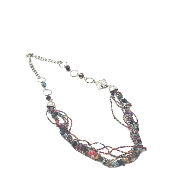 Women's Multi-Strand Necklace Beads & Stones Sliver Tone Adjustable Chain - Picture 2 of 12